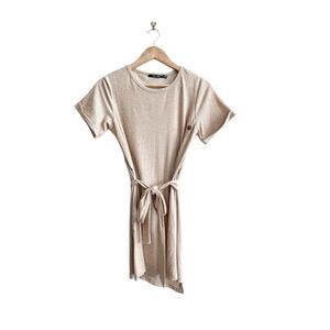 Doe and Rae Dress T-Shirt Knit Beige Belted Button Detail Women's S Stretchy